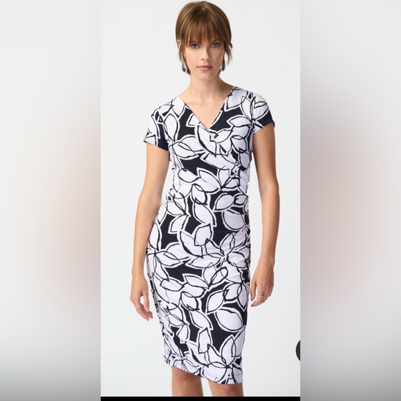 Joseph Ribkoff Monochrome Leaf Pattern Midi Dress In Black and White - Picture 2 of 13